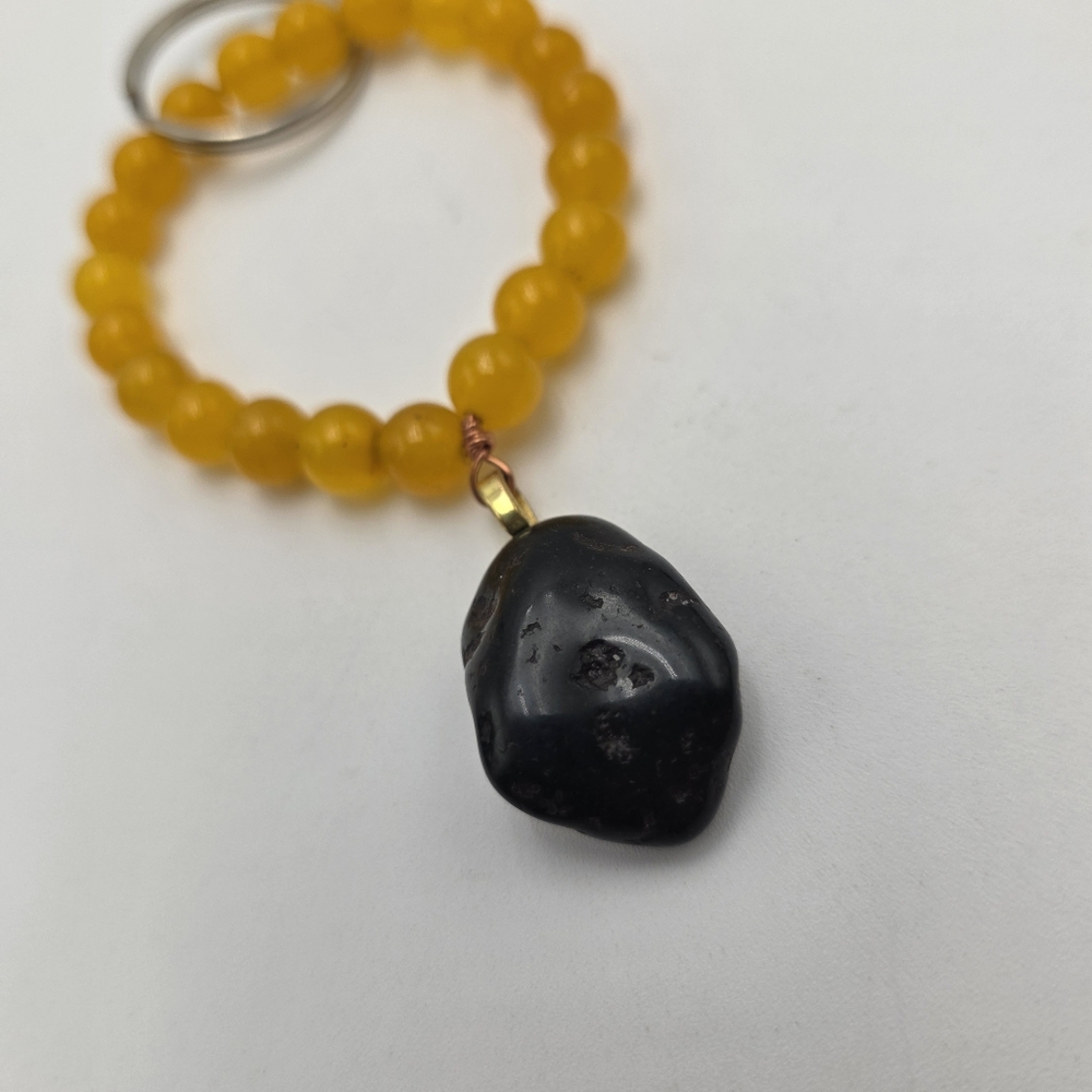 Stylish Yellow Beaded Keychain with Black Obsidian Stone Pendant Charm - Picture 3 of 4